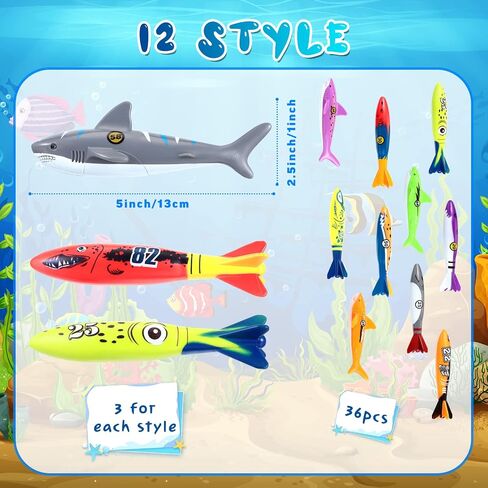 36 Pcs Underwater Diving Torpedo Bandits Pool Toys Underwater Diving Torpedo Bandits Shark Swimming Glides Toys 12 Colorful Fun Toy Training Gift Set for Pool Bath Boys Girls Teens Adults in Saudi Arabia