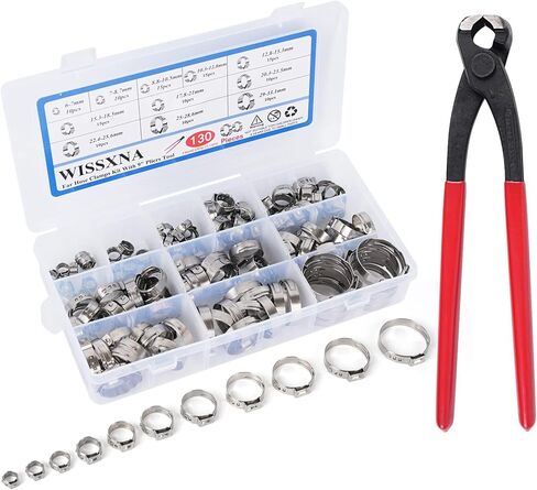 130 قطعة 6-33.1 مللي متر 304 أذن واحدة من الفولاذ المقاوم للصدأ 11 مقاسات خرطوم المشابك تشكيلة مع أداة كماشة للأنابيب والسباكة والسيارات وخطوط الوقود in Kuwait