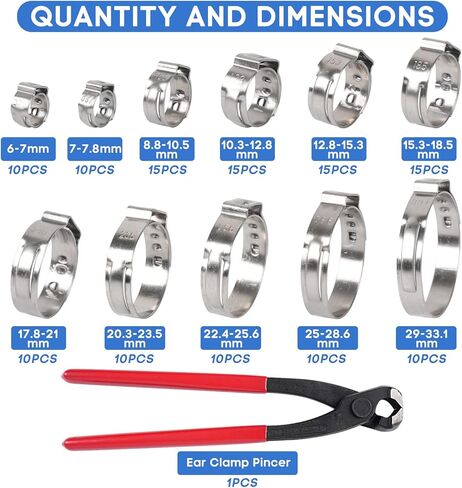 130 قطعة 6-33.1 مللي متر 304 أذن واحدة من الفولاذ المقاوم للصدأ 11 مقاسات خرطوم المشابك تشكيلة مع أداة كماشة للأنابيب والسباكة والسيارات وخطوط الوقود in Kuwait