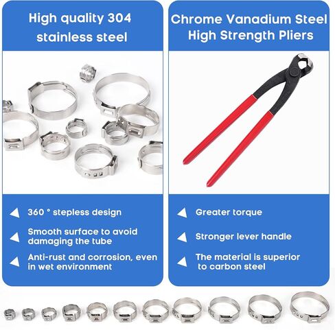 130 قطعة 6-33.1 مللي متر 304 أذن واحدة من الفولاذ المقاوم للصدأ 11 مقاسات خرطوم المشابك تشكيلة مع أداة كماشة للأنابيب والسباكة والسيارات وخطوط الوقود in Kuwait