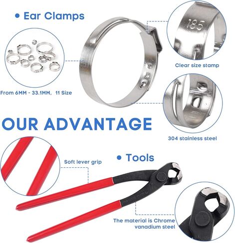 130 قطعة 6-33.1 مللي متر 304 أذن واحدة من الفولاذ المقاوم للصدأ 11 مقاسات خرطوم المشابك تشكيلة مع أداة كماشة للأنابيب والسباكة والسيارات وخطوط الوقود in Kuwait