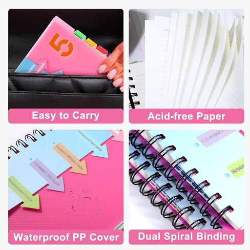 CAGIE 5 Subject Notebooks College Ruled Spiral Notebook 5x7 Hardcover Notebook with Divider Tabs 220 Pages Small Notebook for Work A5 Spiral Notebook College Ruled Notebook for Note Taking School in Kuwait