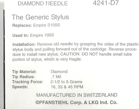 إبرة الفونوغراف Pfanstiehl بديل متوافق مع Empire S100S 400 LTD 480 LTD 500 LTD 550 580 241-D7 in Kuwait