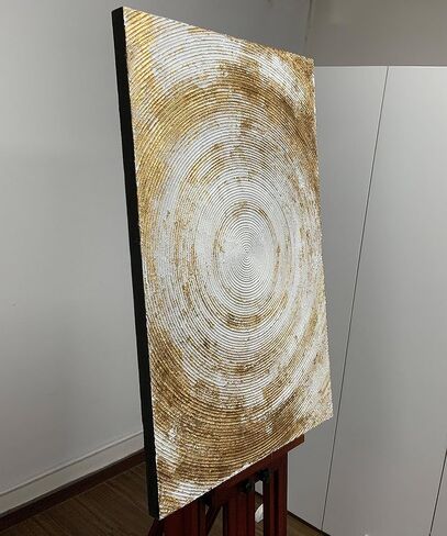 Boieesen Art، 24x36 بوصة حديثة مرسومة يدويًا برقائق ذهبية دوائر بيضاء جدار فن تجريدي بسيط من القماش لوحة زيتية لتزيين الحائط فن خشبي داخل إطار جاهز للتعليق in Kuwait