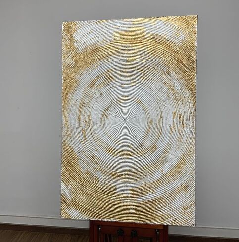 Boieesen Art، 24x36 بوصة حديثة مرسومة يدويًا برقائق ذهبية دوائر بيضاء جدار فن تجريدي بسيط من القماش لوحة زيتية لتزيين الحائط فن خشبي داخل إطار جاهز للتعليق in Kuwait