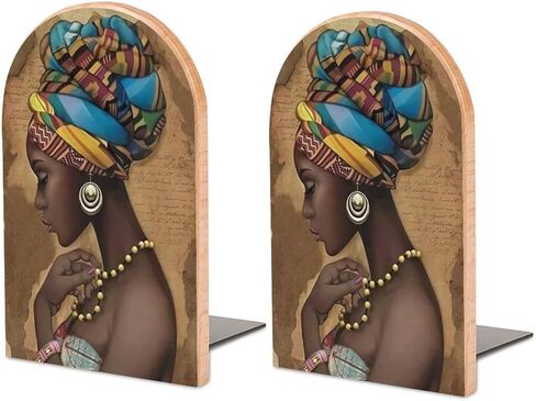 Afro African American Woman Pattern Wood Bookends Decorative Bookend Non-Skid Office Book Stand for Books Office Files Magazine Large in Kuwait