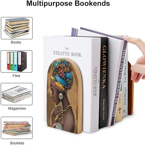 Afro African American Woman Pattern Wood Bookends Decorative Bookend Non-Skid Office Book Stand for Books Office Files Magazine Large in Kuwait