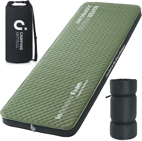 Self Inflating Sleeping Pad, 4in Ultra-Thick Foam Camping Car Mattress with Air Pump Sack, Sleeping Mat for Adults Inflatable Camping Pad Mattress, Single Cot Bed, Travel, Car, Tent, Home, Olive Green in Saudi Arabia