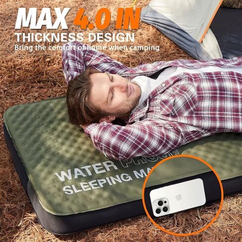 Self Inflating Sleeping Pad, 4in Ultra-Thick Foam Camping Car Mattress with Air Pump Sack, Sleeping Mat for Adults Inflatable Camping Pad Mattress, Single Cot Bed, Travel, Car, Tent, Home, Olive Green in Saudi Arabia