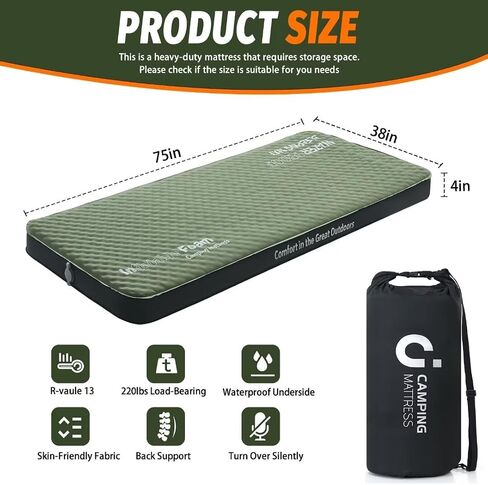 Self Inflating Sleeping Pad, 4in Ultra-Thick Foam Camping Car Mattress with Air Pump Sack, Sleeping Mat for Adults Inflatable Camping Pad Mattress, Single Cot Bed, Travel, Car, Tent, Home, Olive Green in Saudi Arabia