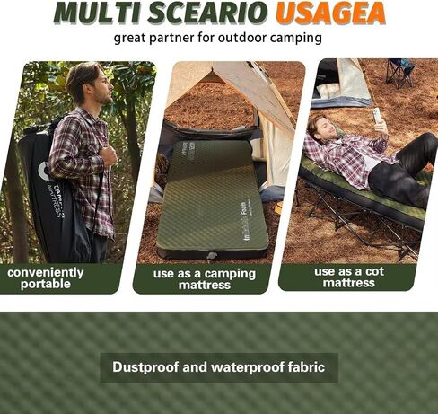 Self Inflating Sleeping Pad, 4in Ultra-Thick Foam Camping Car Mattress with Air Pump Sack, Sleeping Mat for Adults Inflatable Camping Pad Mattress, Single Cot Bed, Travel, Car, Tent, Home, Olive Green in Saudi Arabia