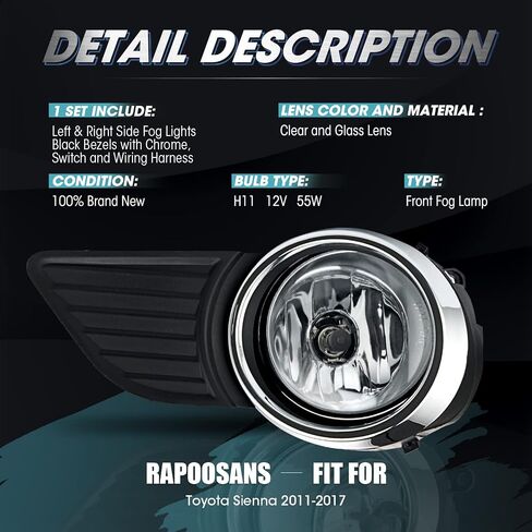 مجموعة مصابيح الضباب للقيادة لسيارة Toyota Sienna 2011 2012 2013 2014 2015 2016 2017 مع لمبات H11 12V 55W متضمنة مفتاح ومجموعة أسلاك (الحافة السوداء) in Kuwait