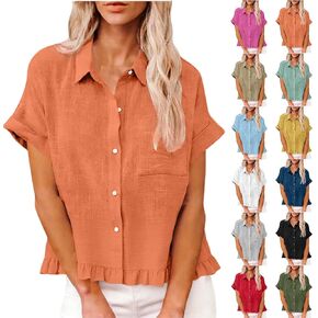 قمصان نسائية صيفية أنيقة من الكتان بأزرار سفلية، قميص لطيف مكشكش بأكمام قصيرة، ملابس غير رسمية لقضاء العطلات والربيع in Kuwait