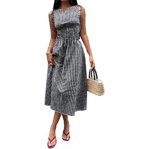 Acelitt Summer Maxi Dresses for Women 2026 Smocked Waist Gingham Dress Flowy A Line Beach Long Sundresses with Pockets in Kuwait