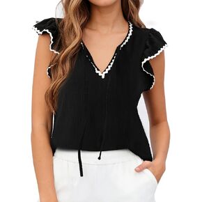 Avanova Women Contrast Trim Flutter Ruffle Sleeve Blouses Texture V Neck Tops Shirts in Kuwait