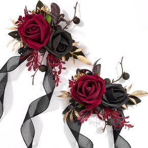 Alecono Burgundy Corsage and Boutonniere Set, Red and Black Rose Corsage Wristlet and Boutonniere for Wedding Prom Flower Accessories Suit Decorations in Kuwait