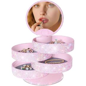 Bling Jewelry Organizer, Glitter Small Jewelry Storage Box Earring Holder for Women, 5-Layer Rotating Travel Jewelry Tray Case for Rings Bracelets,Shiny Gift for Women Teen Girls(Pink) in Kuwait