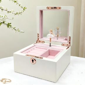 صندوق مجوهرات خشبي أبيض موسيقي للفتيات والنساء، صندوق تخزين المجوهرات، صندوق موسيقى، هدايا لعيد الميلاد وأعياد الميلاد وعيد الحب وجميع العطلات - لمسة نهائية شديدة اللمعان in Kuwait