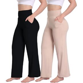 Cheapestbuy 2/3 حزمة المرأة السراويل صالة واسعة الساق عالية الخصر مريح Yoag السراويل تمتد Sweatpants فضفاضة مع جيوب in Kuwait