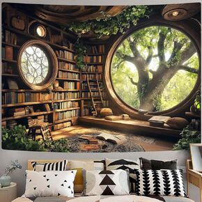 RichIdeas 80x60 Inches Tree Bookshelf Tapestry Window Tapestries Treehouse Tapestries Reading Blanket Decor for Windowless Office Room Bedroom Living Room Home Decor RITADJ1319 in Saudi Arabia
