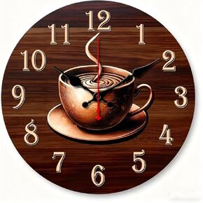 Golden Coffee-Themed Wooden wall Clock: Silent Mid-Century Modern Decor Wall Clock - Silent Non-Ticking Battery Operated Decorative Clock for Kitchen, Home, Bedroom, and Office (Inches, 12) in Kuwait