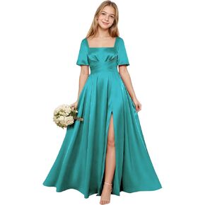 Junior Bridesmaid Dresses Short Sleeve Satin Flower Girl Dress for Wedding Square Neck Pockets Girls Prom Gown in Kuwait