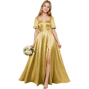 فساتين وصيفة العروس الصغيرة بأكمام قصيرة من الساتان فستان فتاة الزهور لحفلات الزفاف برقبة مربعة وجيوب فستان حفلات للفتيات in Kuwait