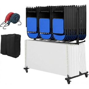 Folding Chair Cart Storage Rack on Wheels, 400Lbs Capacity Heavy Duty Rolling Rack for 42 Chairs or 12 Tables, with Locking Wheels,Rain Cover,Elastic Cords Wheels, Straps, Black in Kuwait