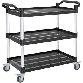 عربة أدوات دوارة من 3 طبقات - 4 عجلات هادئة قابلة للقفل ومضادة للتشابك، سعة كبيرة 540 رطل، عربة خدمات تجارية للمطعم/المكتب/المستودع/الفندق/المدرسة، أسود (40 طول × 19.5 عرض × 37.8 ارتفاع) in Kuwait