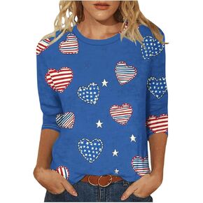 قمصان وطنية للنساء 3/4 كم بياقة دائرية وطباعة العلم الأمريكي تي شيرت 4th من يوليو بلوزة صيفية غير رسمية برسومات in Kuwait