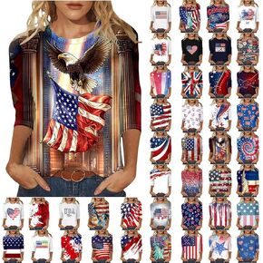 Patriotic Shirts for Women 3/4 Sleeve Crewneck American Flag Print Tees 4th of July Top Causal Summer Graphic Blouse in Saudi Arabia