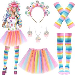 9 Pcs Galentine's Day Candyland Costume Accessories Candy Headband Sweet Rainbow Necklace Lollipop Earrings Pink Tutu Gloves Tights for Valentine's Day Photo Props Candy Theme Cosplay Accessories in Kuwait
