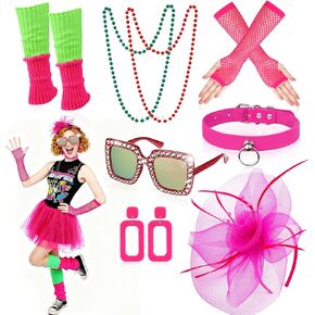 HWING Trendy 80s Outfit for Women,7-Piece Retro Accessories Set with Sunglasses, Fishnet Gloves, Pink Choker & Lace Headband for 80s Party Decorations & Themed Parties in Kuwait