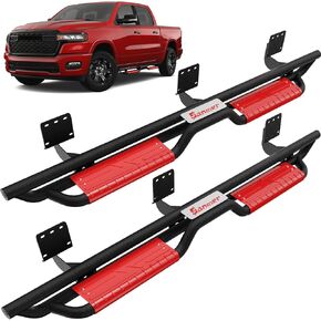 Sanooer 6-Inch Running Boards for 2019-2026 Dodge Ram 1500 Crew Cab (Excluding 2019-2024 Classic), Black Carbon Steel Two Stairs Design Side Steps Nerf Bars for Dodge Ram 1500 New Body (Red Steps) in Kuwait