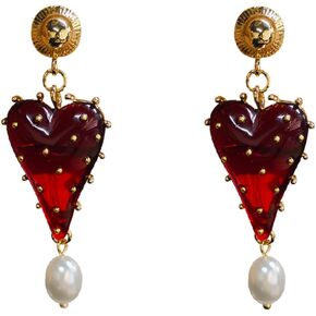 Vintage Red Heart Dangle Earrings for Women, KC Gold Plated Zinc Alloy Resin Heart Drop Earrings with Faux Pearl, Retro Elegant Statement Earrings for Wedding Party Valentine's Day Gift in Saudi Arabia
