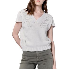 DEAR JOHN UNA Crochet Detail Short Sleeve V-Neck Women's Sweater in Kuwait