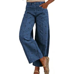 chouyatou Women's 2026 Polka Dot Pattern Barrel Jeans Boyfriend Y2K Casual Wide Leg Mid Rise Denim Pants in Kuwait