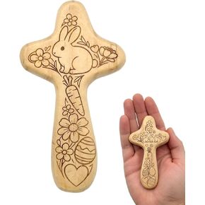 Goodangie00 Wooden Pocket Stress Fidget Cross, 4.1" Handmade Carvings Bunny Wood Crosses Encouragement Gift for Christian, Pocket Prayer, Palm, Church Religious Home Easter Gifts in Kuwait