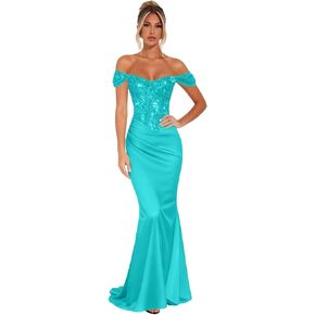 Off Shoulder Mermaid Prom Dresses for Women 2026 Sequin Sparkly Satin Bodycon Long Formal Evening Party Gowns in Kuwait