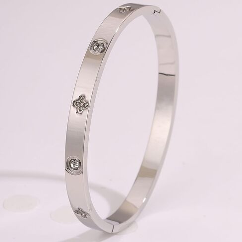 Clover Bracelet for Women, Stainless Steel Lucky Charm Bangle with Fashion Rhinestone Jewelry Gifts for Women(Silver) in Saudi Arabia