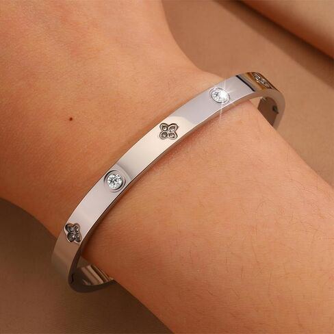 Clover Bracelet for Women, Stainless Steel Lucky Charm Bangle with Fashion Rhinestone Jewelry Gifts for Women(Silver) in Saudi Arabia