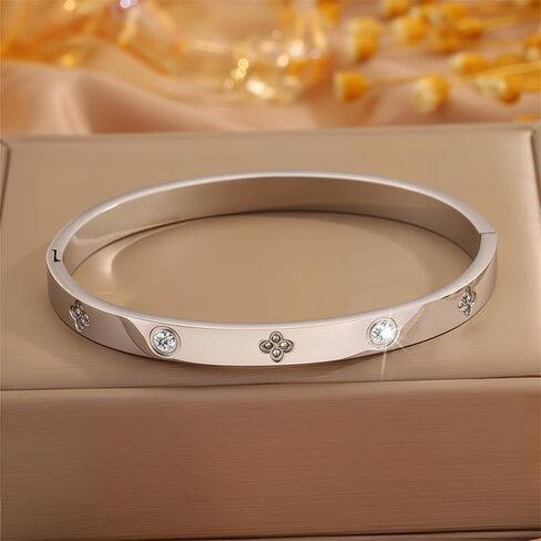 Clover Bracelet for Women, Stainless Steel Lucky Charm Bangle with Fashion Rhinestone Jewelry Gifts for Women(Silver) in Saudi Arabia