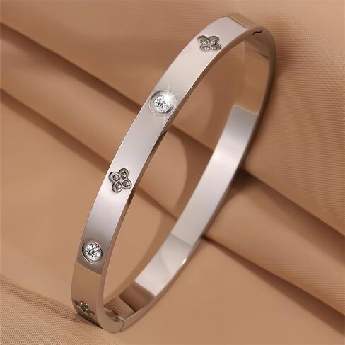Clover Bracelet for Women, Stainless Steel Lucky Charm Bangle with Fashion Rhinestone Jewelry Gifts for Women(Silver) in Saudi Arabia