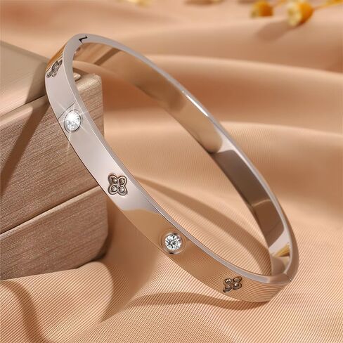 Clover Bracelet for Women, Stainless Steel Lucky Charm Bangle with Fashion Rhinestone Jewelry Gifts for Women(Silver) in Saudi Arabia