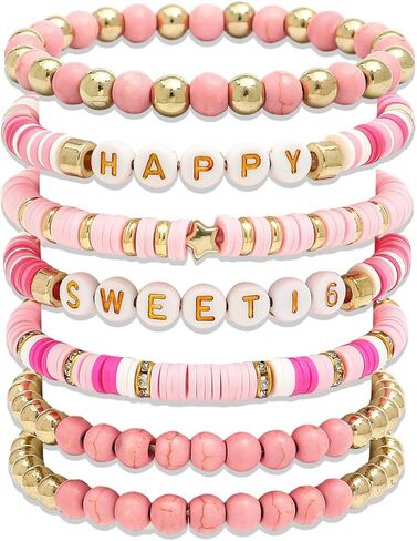 16 هدية حلوة لحفيدة الابنة، 7 قطع أساور قابلة للتكديس مطرزة باللون الوردي والذهبي، تذكار عيد ميلاد جميل للشابات، هدايا مجوهرات عيد الميلاد السادس عشر in Kuwait