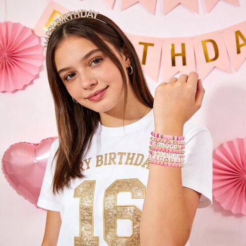 16 هدية حلوة لحفيدة الابنة، 7 قطع أساور قابلة للتكديس مطرزة باللون الوردي والذهبي، تذكار عيد ميلاد جميل للشابات، هدايا مجوهرات عيد الميلاد السادس عشر in Kuwait