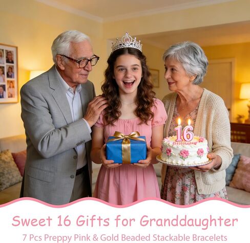 16 هدية حلوة لحفيدة الابنة، 7 قطع أساور قابلة للتكديس مطرزة باللون الوردي والذهبي، تذكار عيد ميلاد جميل للشابات، هدايا مجوهرات عيد الميلاد السادس عشر in Kuwait