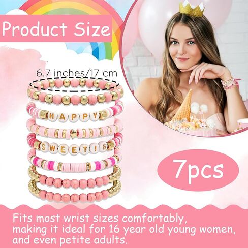 16 هدية حلوة لحفيدة الابنة، 7 قطع أساور قابلة للتكديس مطرزة باللون الوردي والذهبي، تذكار عيد ميلاد جميل للشابات، هدايا مجوهرات عيد الميلاد السادس عشر in Kuwait