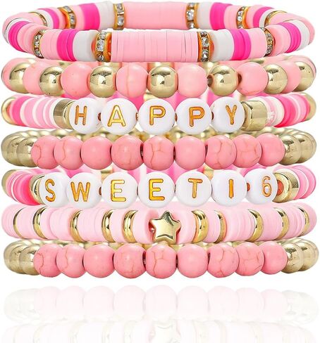 16 هدية حلوة لحفيدة الابنة، 7 قطع أساور قابلة للتكديس مطرزة باللون الوردي والذهبي، تذكار عيد ميلاد جميل للشابات، هدايا مجوهرات عيد الميلاد السادس عشر in Kuwait