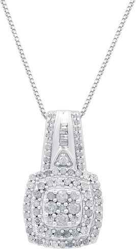 GILDED Sterling Silver Necklace with Natural Round-Cut Diamond Pendant, 18-inch White Silver Chain, 1/2 Carat Total Weight Diamonds, Elegant Gift Box Included in Kuwait